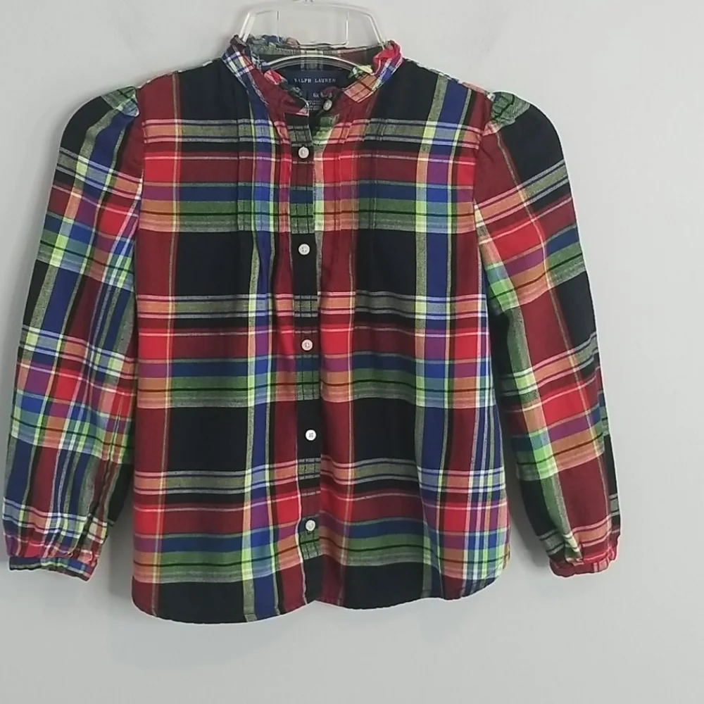 RALPH LAUREN button down red green plaid ruffle top